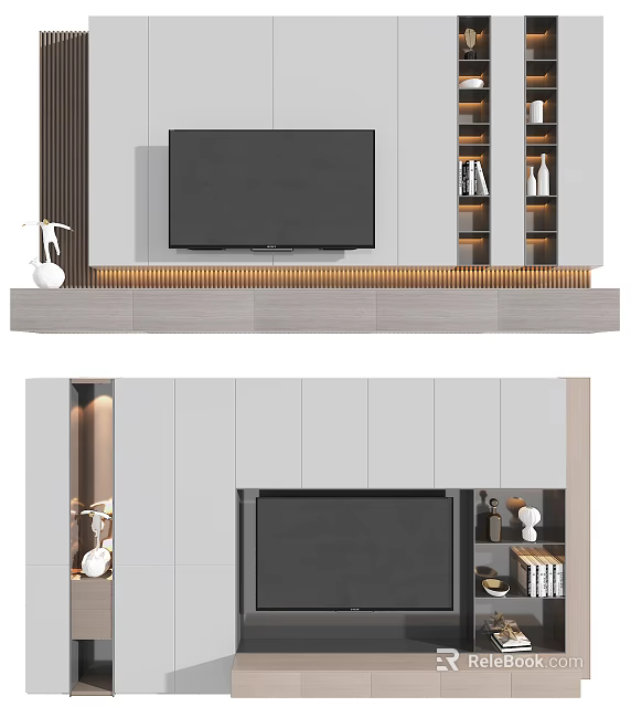 Modern TV Background Wall Interior With Storage Cabinets And Decorative Shelves 3d model