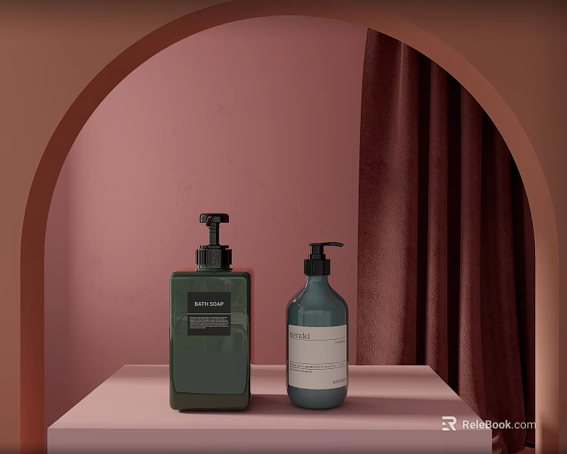 Bathroom Accessories Green And Blue Hand Soap Dispensers On Pink Shelf With Arched Burgundy Curtain 3d model 