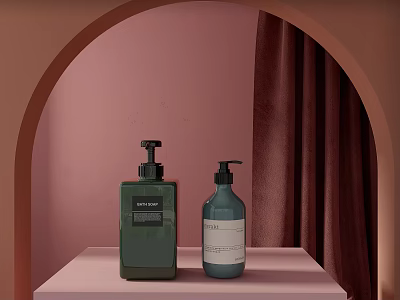 Bathroom Accessories Green And Blue Hand Soap Dispensers On Pink Shelf With Arched Burgundy Curtain 3d model