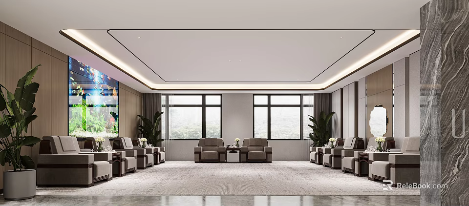 Modern Hotel Public Lounge Interior With Comfortable Sofas Large Windows And Green Plants 3d model