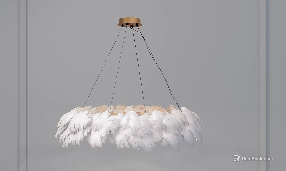 White Feather Chandelier With Gold Ceiling Base For Modern Home Interior Design 3d model 