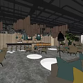 Modern Cafe Interior With Hanging Chandeliers Large Windows Sunset View Geometric Ceiling And Wooden Counter