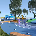 Vibrant Children's Play Area With Airplane Shaped Playground Equipment Trees And Colorful Ground