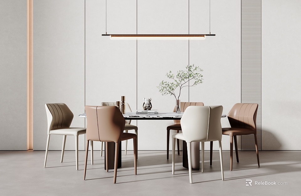 Modern Dining Table Set With Beige Brown Chairs Pendant Light And Plant Decoration 3d model 