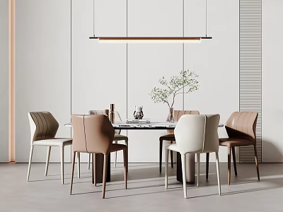Modern Dining Table Set With Beige Brown Chairs Pendant Light And Plant Decoration 3d model