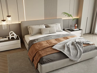 Modern Double Bed with Gray Headboard Decorative Pillows Brown Blanket Nightstands and Green Plant 3d model