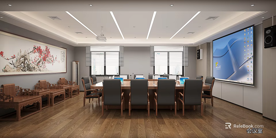 Spacious Conference Room With Long Table Black Chairs Laptops Large Screen And Wooden Floor 3d model 