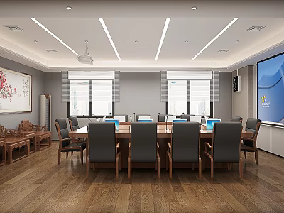 Spacious Conference Room With Long Table Black Chairs Laptops Large Screen And Wooden Floor 3d model