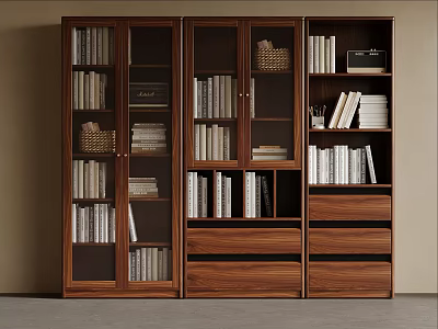 Walnut Wooden Bookcase With Glass Doors Drawers And Storage For Books 3d model