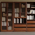 Walnut Wooden Bookcase With Glass Doors Drawers And Storage For Books