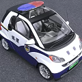 Small White And Blue Police Car With Roof Mounted Lights And License Plate