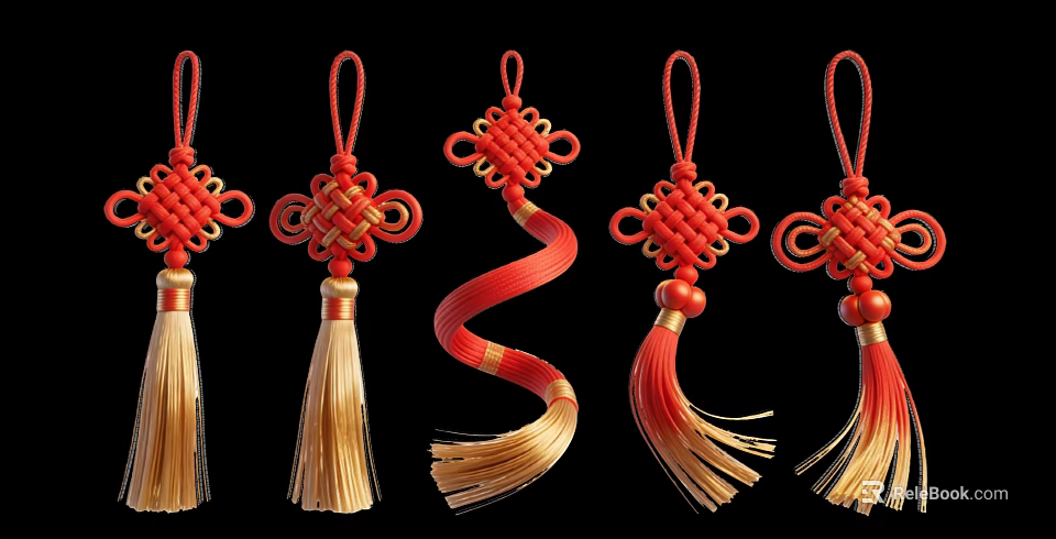 Traditional Chinese Knot Art Installation with Red Gold Tassels and Intricate Patterns 3d model 