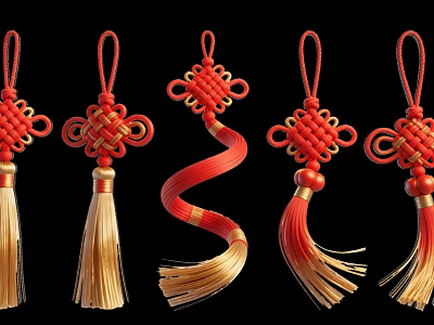 Traditional Chinese Knot Art Installation with Red Gold Tassels and Intricate Patterns 3d model