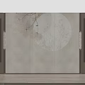 Elegant Chinese Feature Wall with Circular Moon Motif Branches Birds Wooden Panels and Warm Lighting