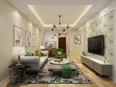 Modern Living Room Interior With Sofa Coffee Table Rug TV Chandelier And Decorative Paintings 3d model