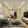 Modern Living Room Interior With Sofa Coffee Table Rug TV Chandelier And Decorative Paintings