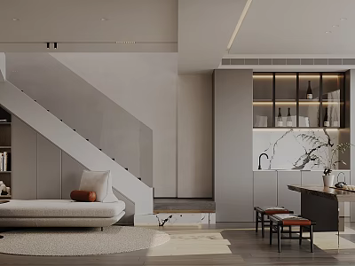Modern Lounge Room With Sofa Staircase And Cabinets 3d model