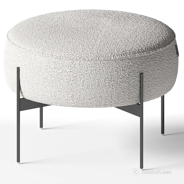 Modern Round Ottoman with Plush Fabric Upholstery and Black Metal Legs 3d model 