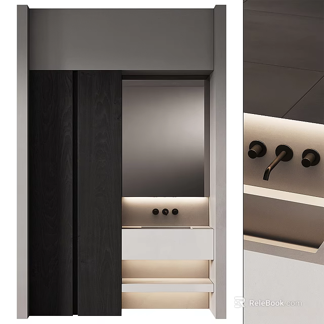 Modern Washbasin Vanity With Mirror LED Lighting And Sleek Faucet Design 3d model 