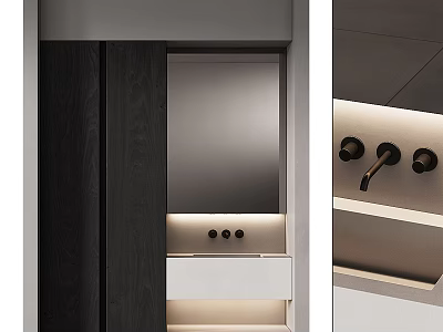 Modern Washbasin Vanity With Mirror LED Lighting And Sleek Faucet Design 3d model