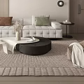 Modern Living Room Interior With L Shaped Sofa White Round Coffee Table And Beige Rug