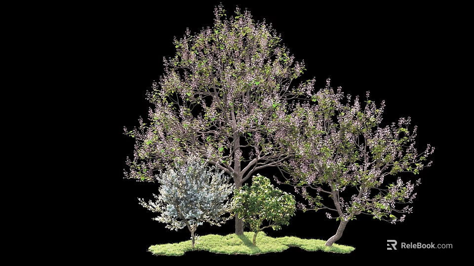Lush Arbor With Green Foliage And Purple Blossoms Surrounded By Small Shrubs On Grass 3d model 