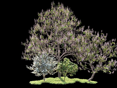 Lush Arbor With Green Foliage And Purple Blossoms Surrounded By Small Shrubs On Grass 3d model