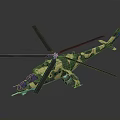 Military Camouflage Helicopter with Large Rotors Green Yellow Camouflage Pattern Weaponry Equipment Dark Background Reflection