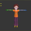 3D Model Man With Short Hair Blue Eyes Orange T-shirt Gray Pants Barefoot Arms Outstretched
