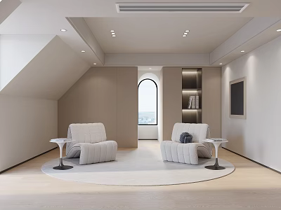 Modern Minimalist Loft Lounge Area With Armchairs Side Tables Arched Window 3d model