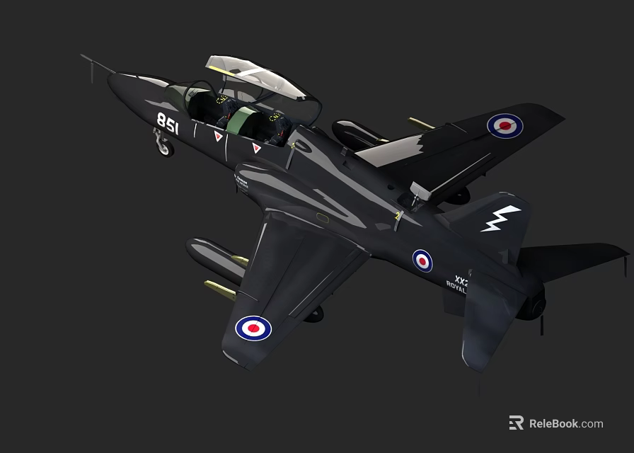 Black Military Fighter Jet With 851 T Markings Roundels And Lightning Emblem 3d model 