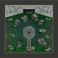 Enchanting Landscape With Green Stone Walls Circular Archway Red Pillars Water Pool And Mossy Rocks