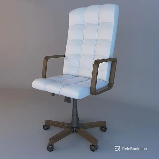 White Tufted Office Chair With Wooden Armrests And Brown Wheel Base 3d model 