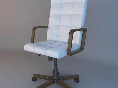White Tufted Office Chair With Wooden Armrests And Brown Wheel Base 3d model