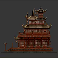 Cartoon Chinese Red Palace With Multi Story Pavilion Golden Decorations Curved Eaves And Hanging Lanterns