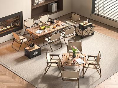 Elegant Table And Chair Set With Wooden Top And Metal Legs In Living Room 3d model