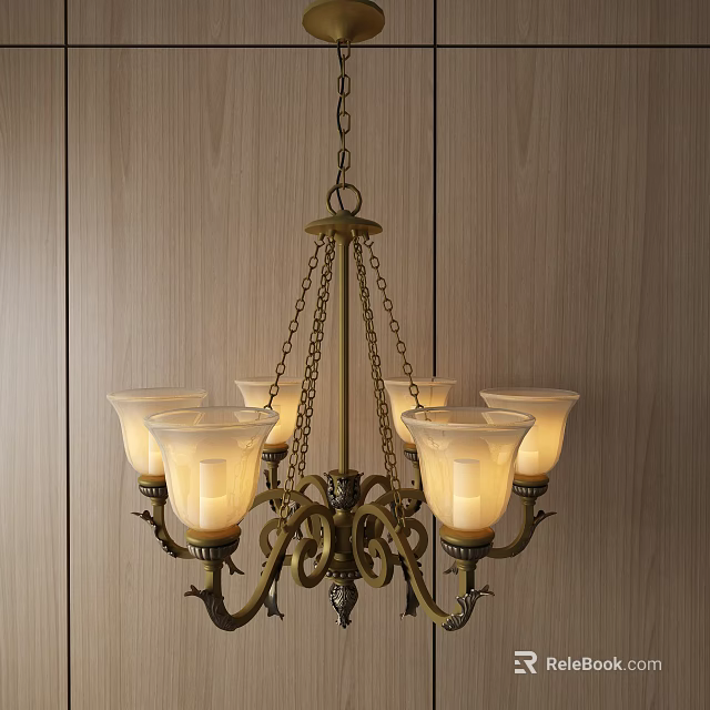 Classic Brass Chandelier With Warm Yellow Glass Shades Hanging On Wooden Wall 3d model 