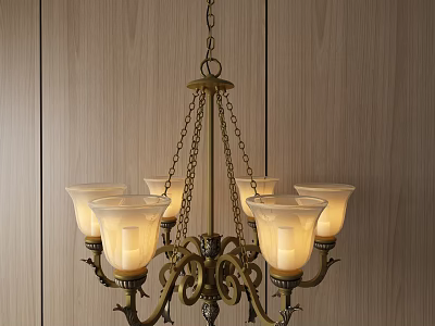 Classic Brass Chandelier With Warm Yellow Glass Shades Hanging On Wooden Wall 3d model