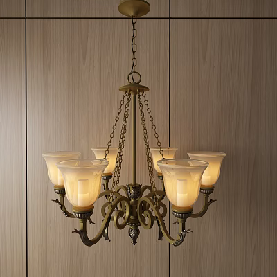 Classic Brass Chandelier With Warm Yellow Glass Shades Hanging On Wooden Wall 3d model