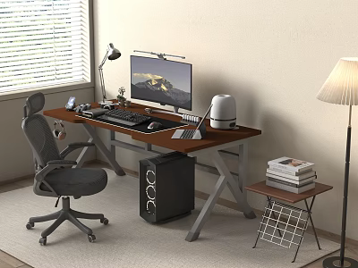 Modern Home Office Desk With Computer Monitor Lamp Office Chair PC Tower And Side Table Books 3d model
