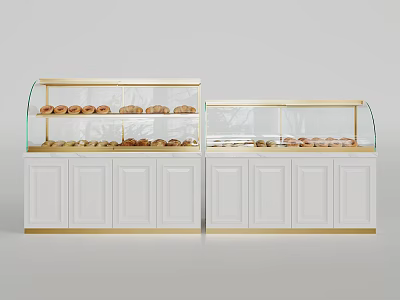 Bakery Display Shelves With Glass Doors White Cabinets And Golden Trim Displaying Pastries 3d model