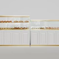 Bakery Display Shelves With Glass Doors White Cabinets And Golden Trim Displaying Pastries