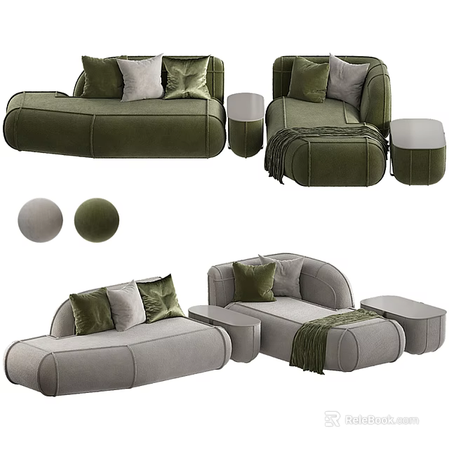 Modern Green And Gray Sectional Sofas With Decorative Pillows And Ottomans 3d model 