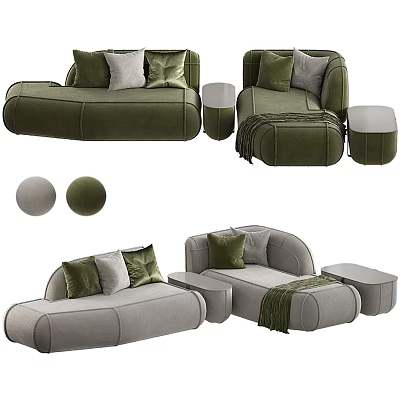 Modern Green And Gray Sectional Sofas With Decorative Pillows And Ottomans 3d model