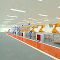 Industrial Factory Interior Featuring Yellow Robotic Arms Assembly Line And Production Equipment