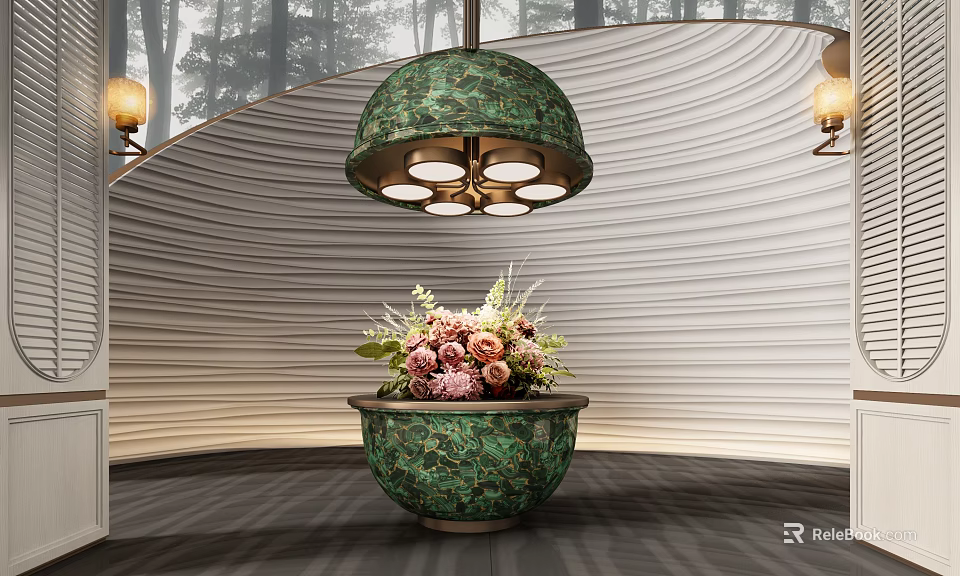 Elegant Console Table With Green Marble Base And Floral Arrangement Pendant Lighting Design 3d model 