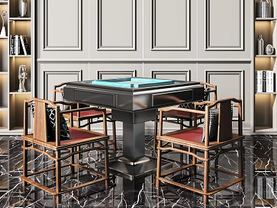 Elegant Entertainment Table With Wooden Chairs And Paneled Walls On Marble Floor 3d model