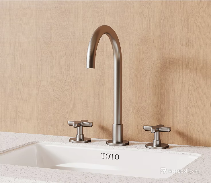 TOTO Brushed Metal Faucet With Two Handles On White Countertop And Wooden Wall 3d model 