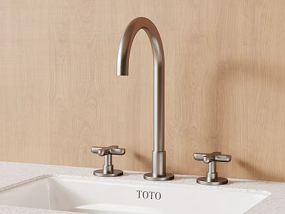 TOTO Brushed Metal Faucet With Two Handles On White Countertop And Wooden Wall 3d model