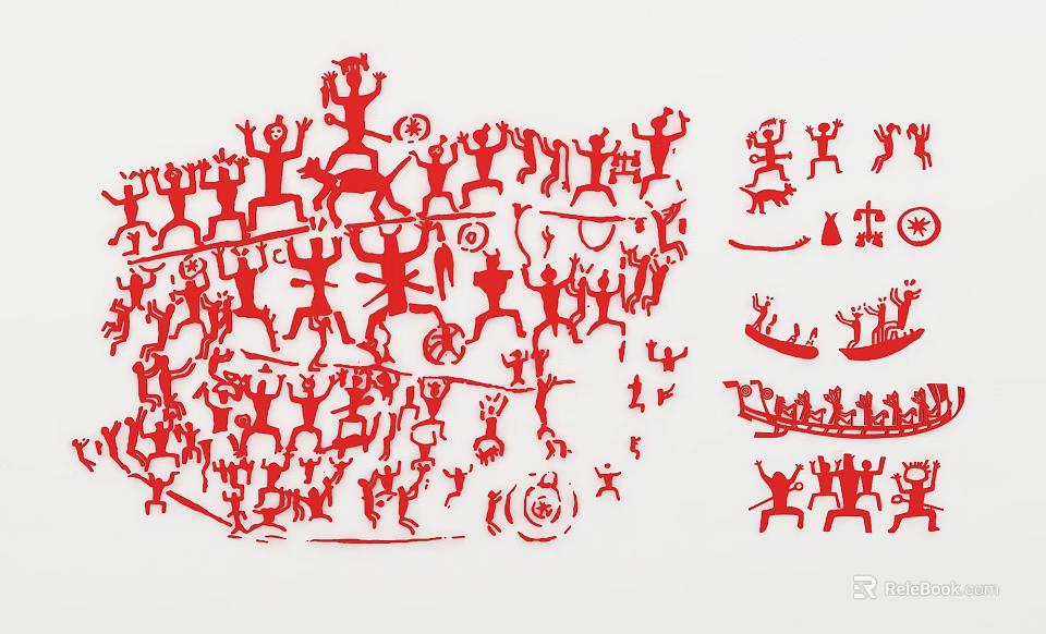 Traditional Red Wall Decor With Dancing Figures Rowing Boats And Symbols 3d model 